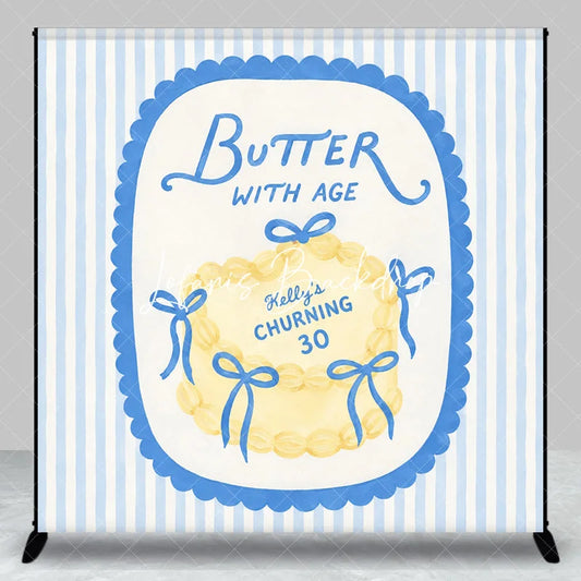 Lofaris Custom Personalized Blue and Yellow Striped Backdrop Elegant Butter with Age Cake Design for 30th Birthday Party.