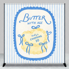 Lofaris Custom Personalized Blue and Yellow Striped Backdrop Elegant Butter with Age Cake Design for 30th Birthday Party.