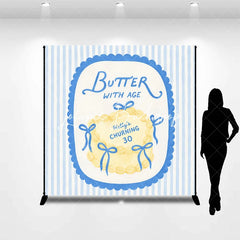 Lofaris Custom Personalized Blue and Yellow Striped Backdrop Elegant Butter with Age Cake Design for 30th Birthday Party.