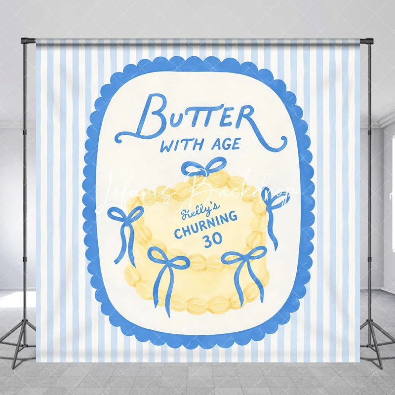 Lofaris Custom Personalized Blue and Yellow Striped Backdrop Elegant Butter with Age Cake Design for 30th Birthday Party.