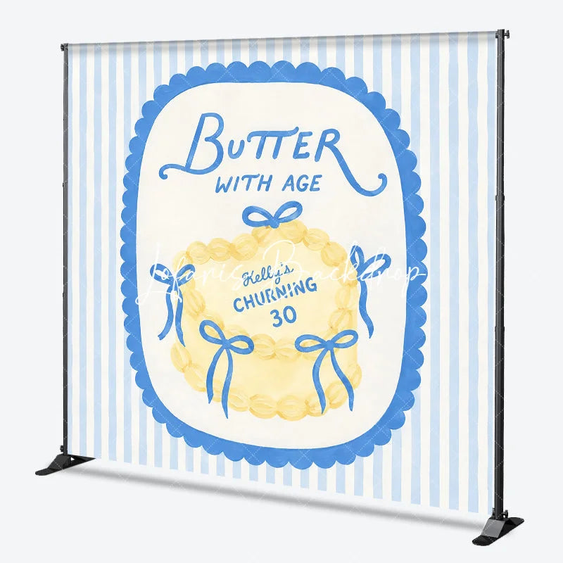 Lofaris Custom Personalized Blue and Yellow Striped Backdrop Elegant Butter with Age Cake Design for 30th Birthday Party.