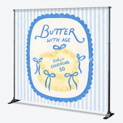 Lofaris Custom Personalized Blue and Yellow Striped Backdrop Elegant Butter with Age Cake Design for 30th Birthday Party.