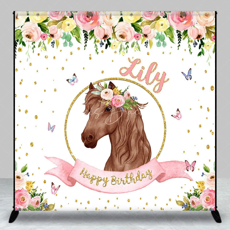 Lofaris Custom Personalized Horse Head Floral Wreath Happy Birthday Backdrop Pink Gold Glitter Decor