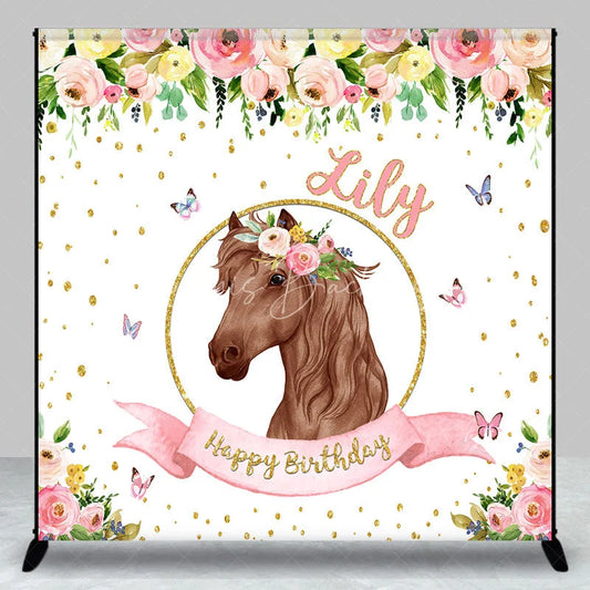 Lofaris Custom Personalized Horse Head Floral Wreath Happy Birthday Backdrop Pink Gold Glitter Decor