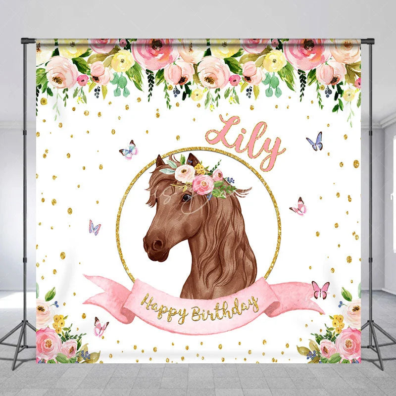 Lofaris Custom Personalized Horse Head Floral Wreath Happy Birthday Backdrop Pink Gold Glitter Decor
