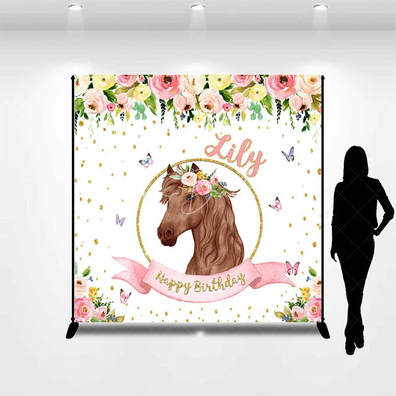 Lofaris Custom Personalized Horse Head Floral Wreath Happy Birthday Backdrop Pink Gold Glitter Decor