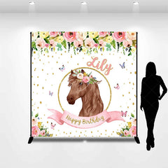 Lofaris Custom Personalized Horse Head Floral Wreath Happy Birthday Backdrop Pink Gold Glitter Decor