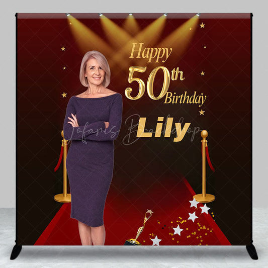 Lofaris Custom Photo 50th Birthday Backdrop for Her Personalized Red Carpet Hollywood Add Your Face Glam Party Decor
