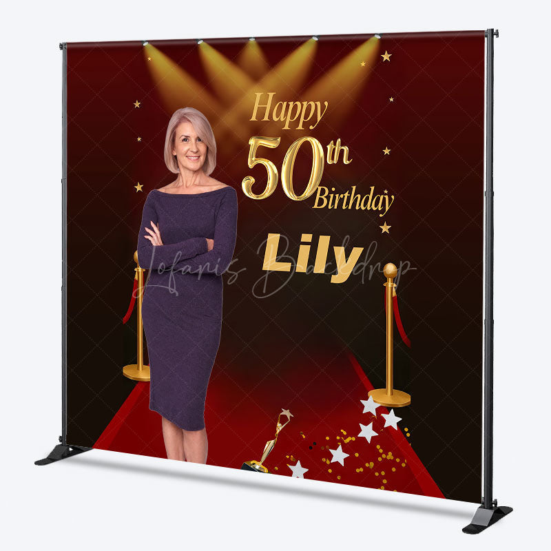 Lofaris Custom Photo 50th Birthday Backdrop for Her Personalized Red Carpet Hollywood Add Your Face Glam Party Decor