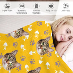 Lofaris Custom Photo Pet Blanket with Your Cat’s Face Repeating Pattern Paws Funny Novelty Gift for Cat Lovers