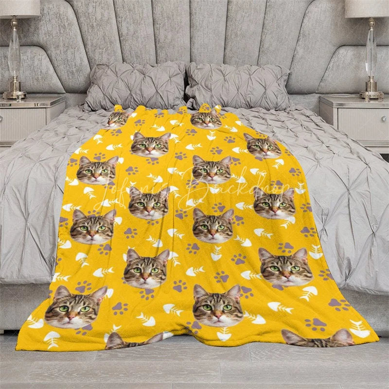 Lofaris Custom Photo Pet Blanket with Your Cat’s Face Repeating Pattern Paws Funny Novelty Gift for Cat Lovers