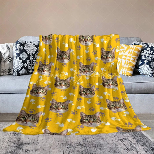 Lofaris Custom Photo Pet Blanket with Your Cat’s Face Repeating Pattern Paws Funny Novelty Gift for Cat Lovers