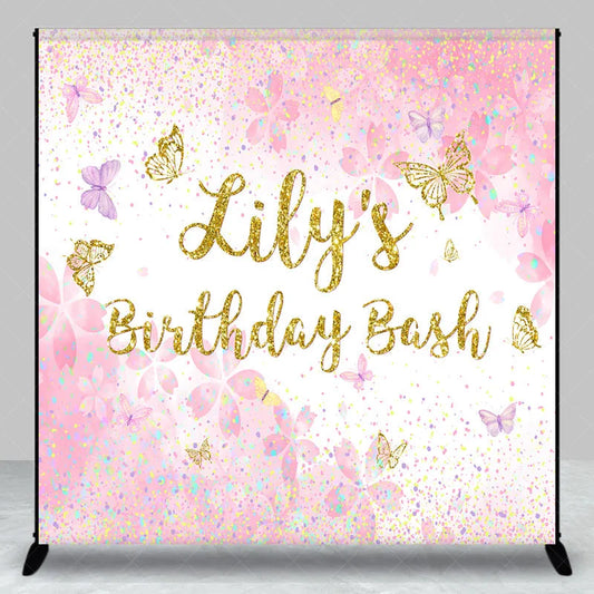 Lofaris Custom Pink and Gold Glitter Butterfly Birthday Backdrop Personalized Name Party Celebration Decor