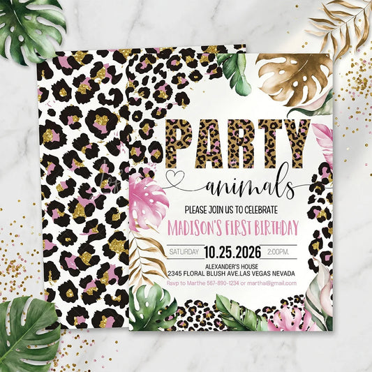 Lofaris Custom Pink and Gold Glitter Set of 20 Leopard Print Invitation Tropical Party Animals First Birthday Design