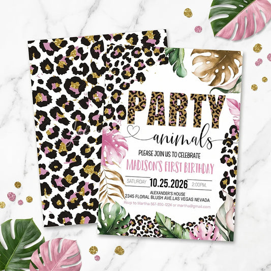 Lofaris Custom Pink and Gold Glitter Set of 20 Leopard Print Invitation Tropical Party Animals First Birthday Design