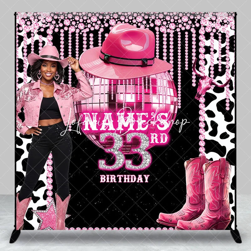Lofaris Custom Pink Disco Cowgirl 33rd Birthday Backdrop with Glitter Ball and Cowboy Boots Glam Western Party Decor