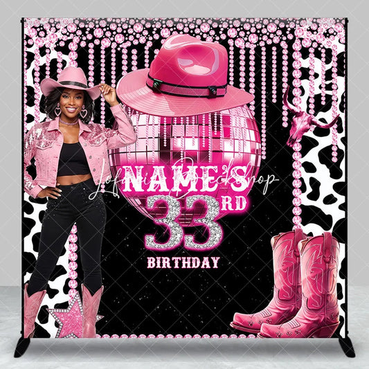 Lofaris Custom Pink Disco Cowgirl 33rd Birthday Backdrop with Glitter Ball and Cowboy Boots Glam Western Party Decor