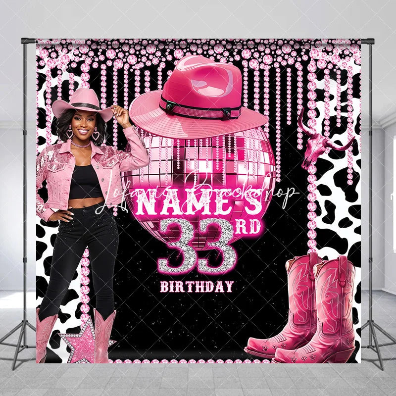 Lofaris Custom Pink Disco Cowgirl 33rd Birthday Backdrop with Glitter Ball and Cowboy Boots Glam Western Party Decor