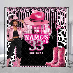 Lofaris Custom Pink Disco Cowgirl 33rd Birthday Backdrop with Glitter Ball and Cowboy Boots Glam Western Party Decor