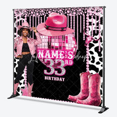 Lofaris Custom Pink Disco Cowgirl 33rd Birthday Backdrop with Glitter Ball and Cowboy Boots Glam Western Party Decor