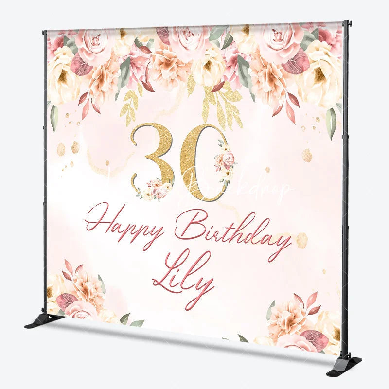 Lofaris Custom Pink Floral Golden Glitter 30th Birthday Backdrop Elegant Happy Party Decor