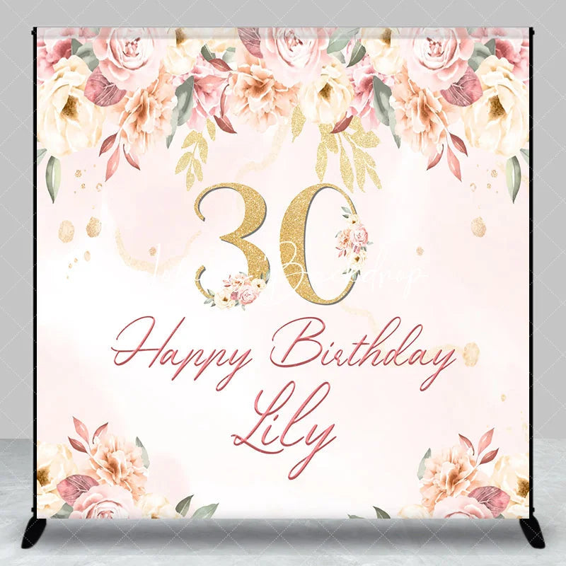 Lofaris Custom Pink Floral Golden Glitter 30th Birthday Backdrop Elegant Happy Party Decor