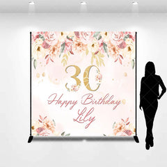 Lofaris Custom Pink Floral Golden Glitter 30th Birthday Backdrop Elegant Happy Party Decor