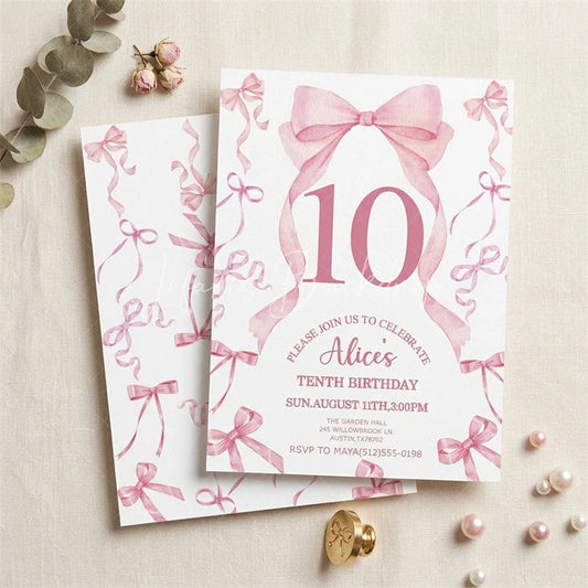 Lofaris Custom Pink Watercolor Set of 20 Bow 10th Birthday Invitation Elegant Ribbon Party Celebration Card for Girls