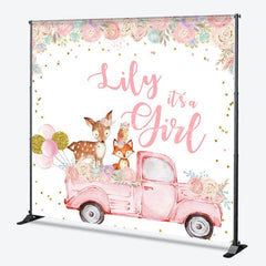 Lofaris Custom Pink Woodland Floral It’s a Girl Baby Shower Backdrop featuring vintage truck and cute animals.