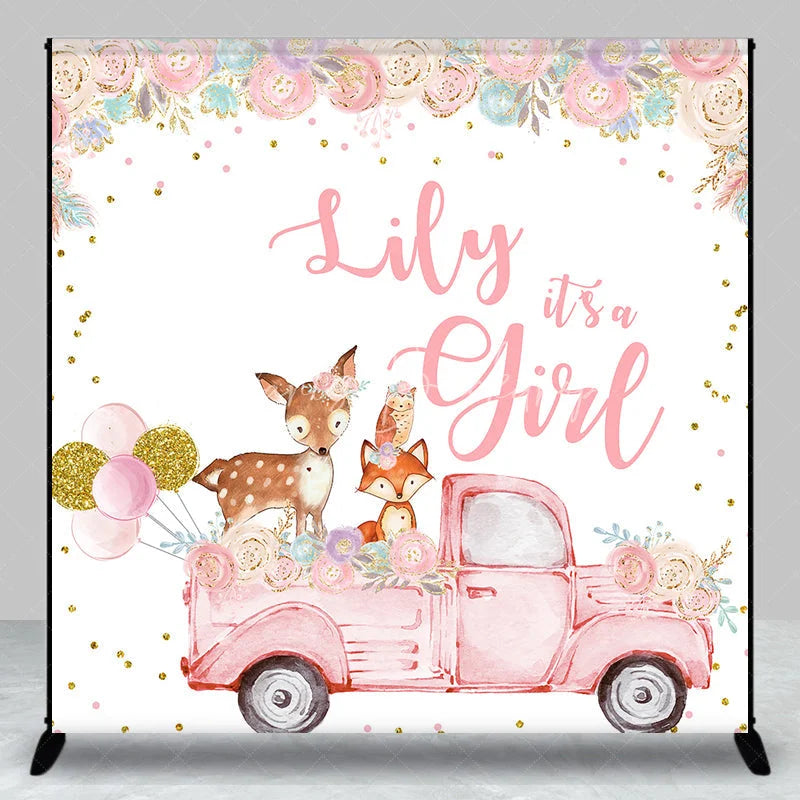 Lofaris Custom Pink Woodland Floral It’s a Girl Baby Shower Backdrop featuring vintage truck and cute animals.