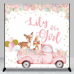 Lofaris Custom Pink Woodland Floral It’s a Girl Baby Shower Backdrop featuring vintage truck and cute animals.