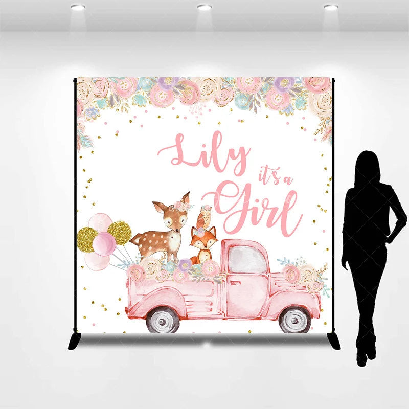 Lofaris Custom Pink Woodland Floral It’s a Girl Baby Shower Backdrop featuring vintage truck and cute animals.