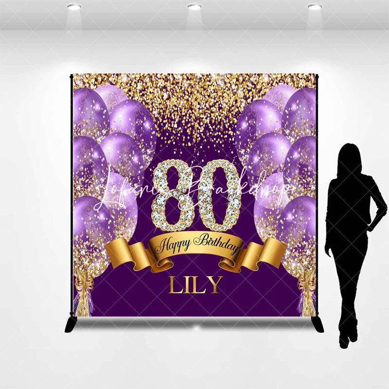 Lofaris Custom Purple and Gold Glitter Diamond 80th Happy Birthday Party Backdrop Personalized Elegant Celebration Decor
