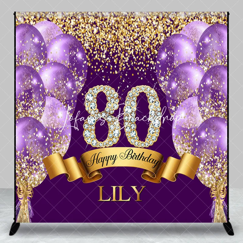 Lofaris Custom Purple and Gold Glitter Diamond 80th Happy Birthday Party Backdrop Personalized Elegant Celebration Decor