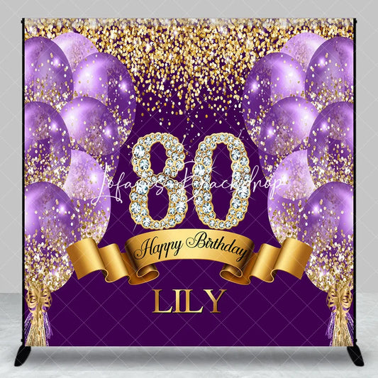 Lofaris Custom Purple and Gold Glitter Diamond 80th Happy Birthday Party Backdrop Personalized Elegant Celebration Decor