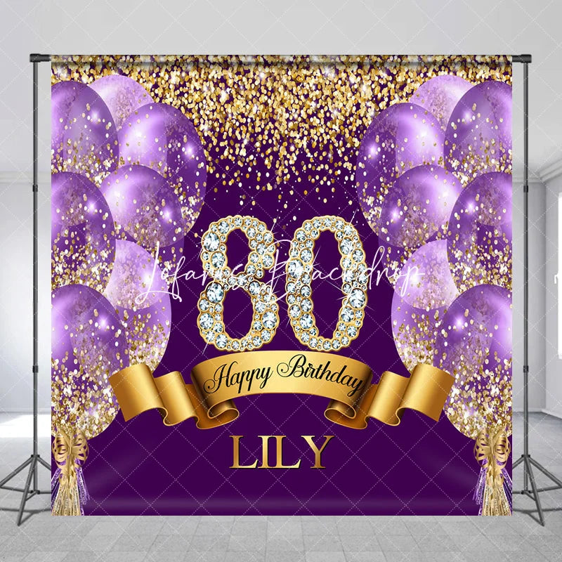 Lofaris Custom Purple and Gold Glitter Diamond 80th Happy Birthday Party Backdrop Personalized Elegant Celebration Decor