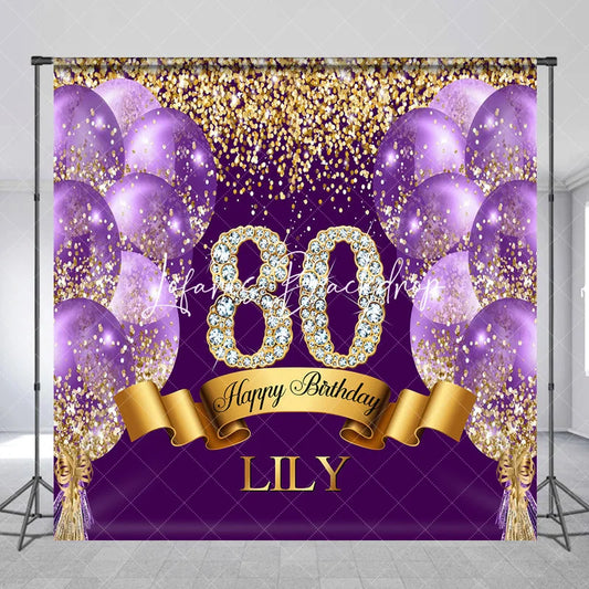 Lofaris Custom Purple and Gold Glitter Diamond 80th Happy Birthday Party Backdrop Personalized Elegant Celebration Decor