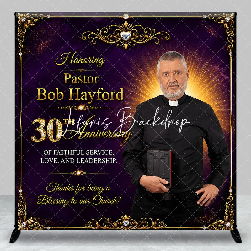 Lofaris Custom Purple and Gold Ornate Frame Pastor 30th Anniversary Backdrop Elegant Church Celebration Decor