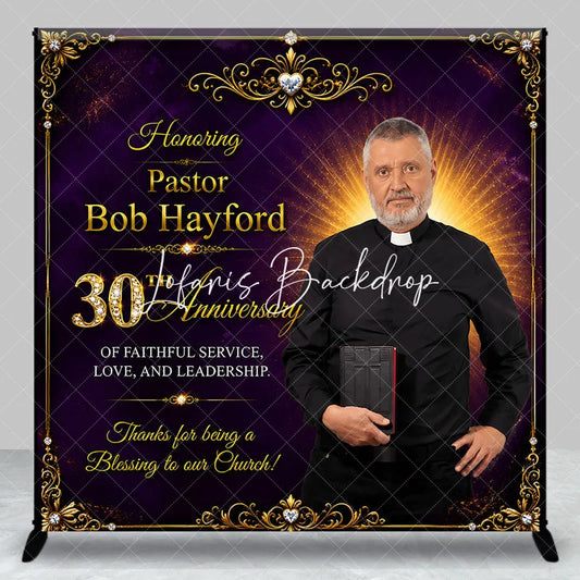 Lofaris Custom Purple and Gold Ornate Frame Pastor 30th Anniversary Backdrop Elegant Church Celebration Decor