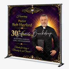 Lofaris Custom Purple and Gold Ornate Frame Pastor 30th Anniversary Backdrop Elegant Church Celebration Decor
