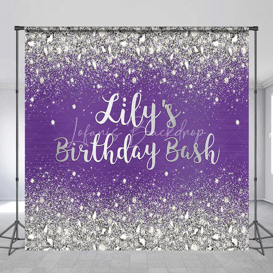 Lofaris Custom Purple and Silver Glitter Diamond Birthday Backdrop Personalized Party Decor for a Glamorous Celebration