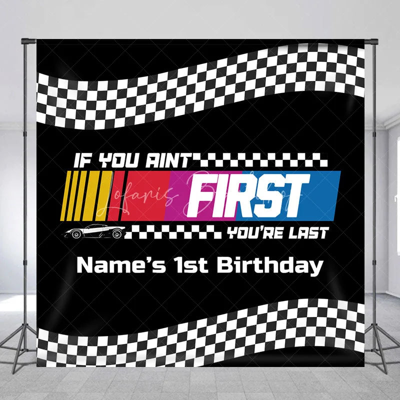 Lofaris Custom Race Car Birthday Backdrop Black Checkered Flag Speed Track Background Personalized Name 1st Fast Decor