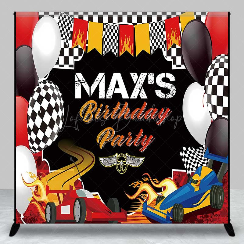 Lofaris Custom Race Car Birthday Party Backdrop Red and Blue Cars with Flames Banner Checkered Flag Finish Line Decor