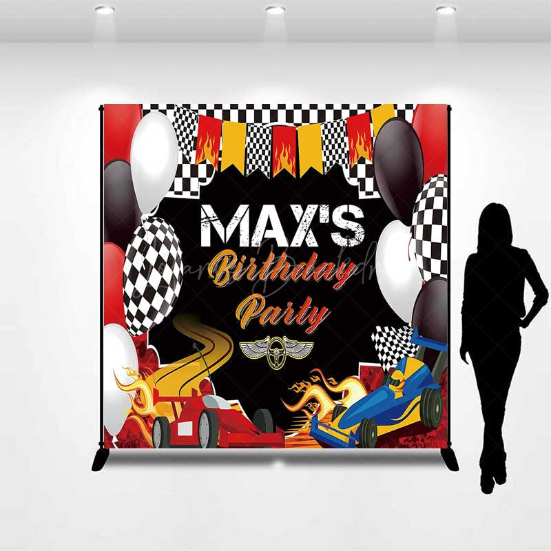 Lofaris Custom Race Car Birthday Party Backdrop Red and Blue Cars with Flames Banner Checkered Flag Finish Line Decor