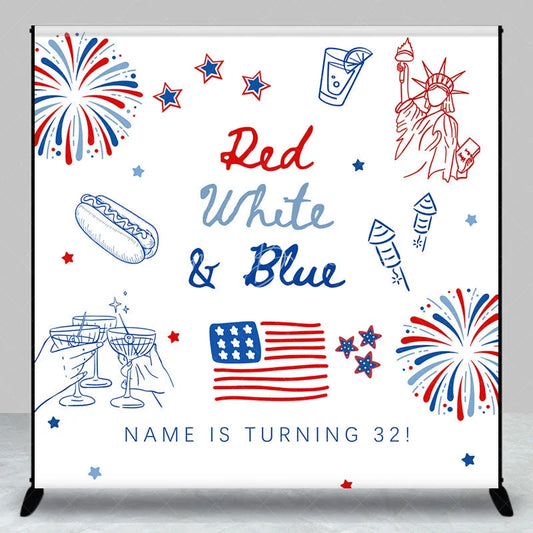 Lofaris Custom Red White and Blue Birthday Backdrop Patriotic Statue of Liberty Background Personalized Name Independence Day Decor