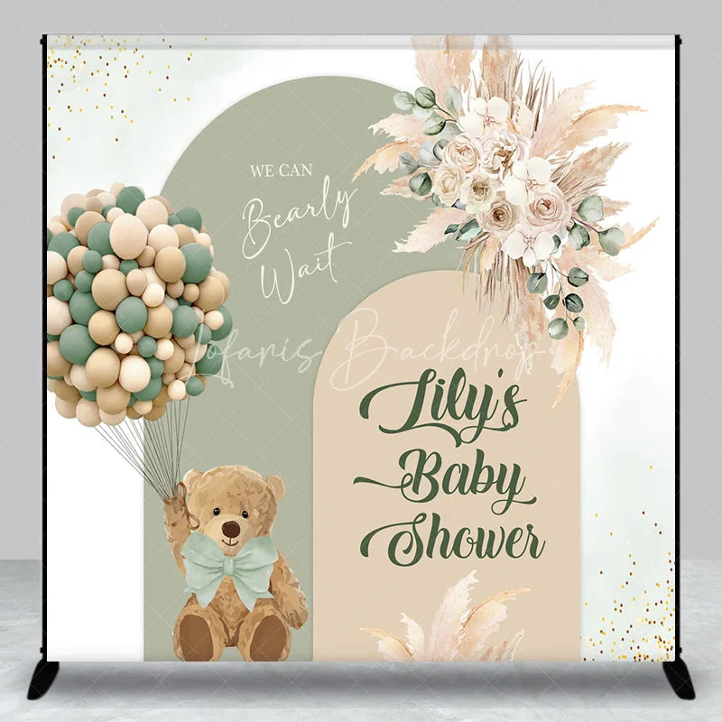 Lofaris Custom Sage Green Beige Arched Baby Shower Backdrop Teddy Bear Balloons Pampas Floral We Can Bearly Wait Design