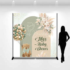 Lofaris Custom Sage Green Beige Arched Baby Shower Backdrop Teddy Bear Balloons Pampas Floral We Can Bearly Wait Design