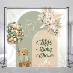 Lofaris Custom Sage Green Beige Arched Baby Shower Backdrop Teddy Bear Balloons Pampas Floral We Can Bearly Wait Design
