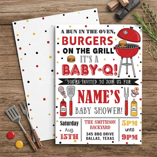 Lofaris Custom Set of 20 Baby-Q Baby Shower Invitation with a Bun in the Oven featuring BBQ Grill and Polka Dots