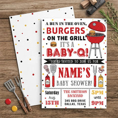 Lofaris Custom Set of 20 Baby-Q Baby Shower Invitation with a Bun in the Oven featuring BBQ Grill and Polka Dots